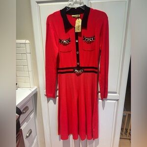 Vinizbena Made in Italy Red Embellished Buttoned Long Sleeve Sweater Dress L